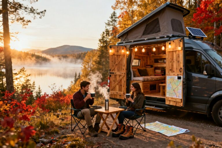 Couple québécois savourant un café devant leur van aménagé Mercedes Sprinter au lever du soleil dans les Laurentides — assurance Van Life